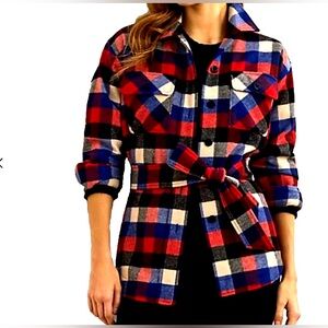 Ralph Lauren Women's XL Buffalo Check Belted Twill Shirt Jacket Wool Long Sleeve